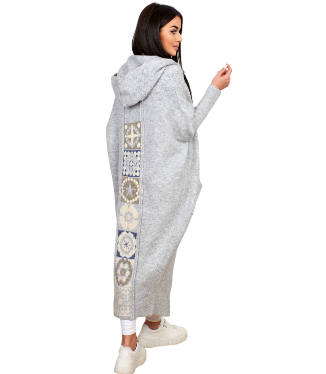 Ciepły sweter damski kardigan grecki wzór z wełną z kapturem-L