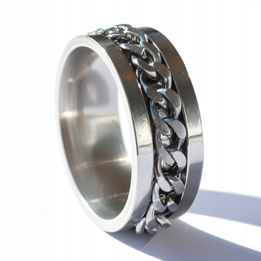 SREBRNY SYGNET PIERŚCIONEK z ruchomym łańcuszkiem antystresowy stal