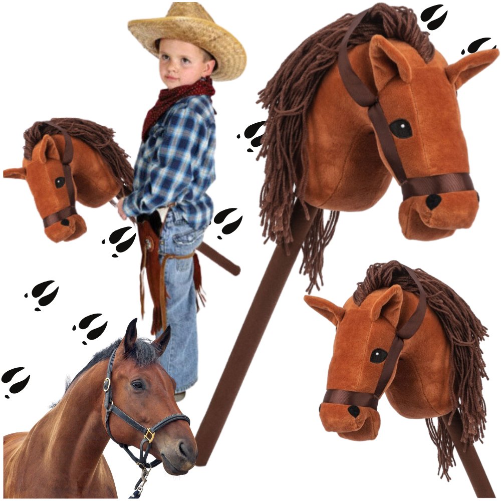 hobby horse głowa konia na kiju dźwięk pluszowy brązowy miękki grzywa galop