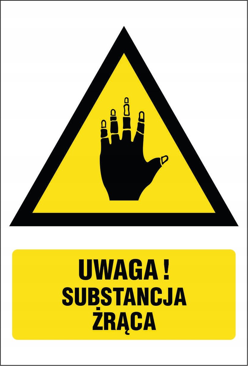 Naklejka pozioma: Uwaga substancja żrąca 30x42cm