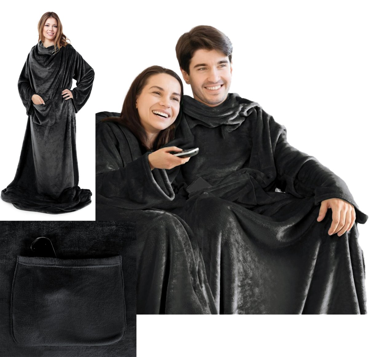 Mięciutki Koc Z Rękawami 150x180 czarny Na Prezent