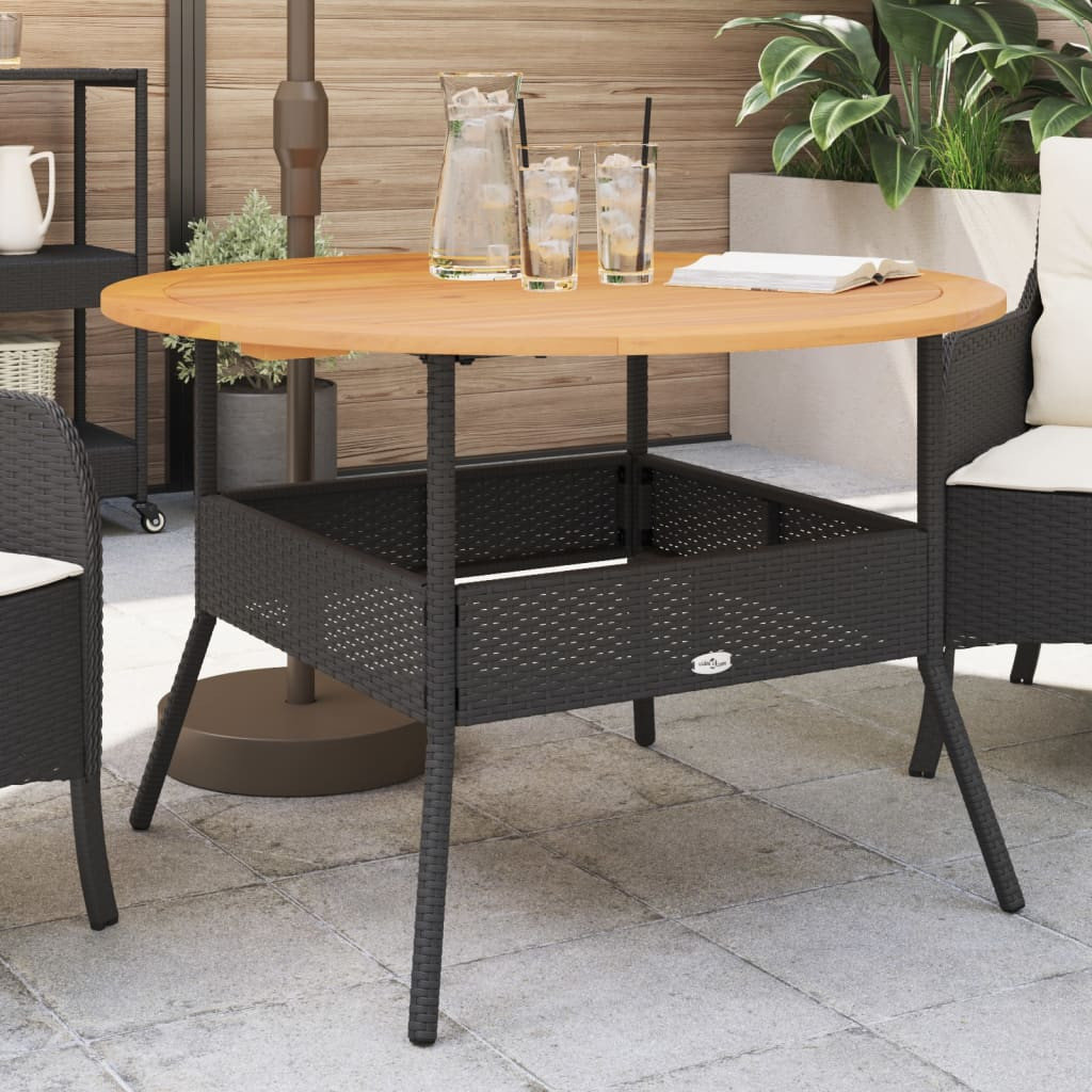 Stół ogrodowy z akacjowym blatem, czarny, Ø110x71 cm, rattan PE