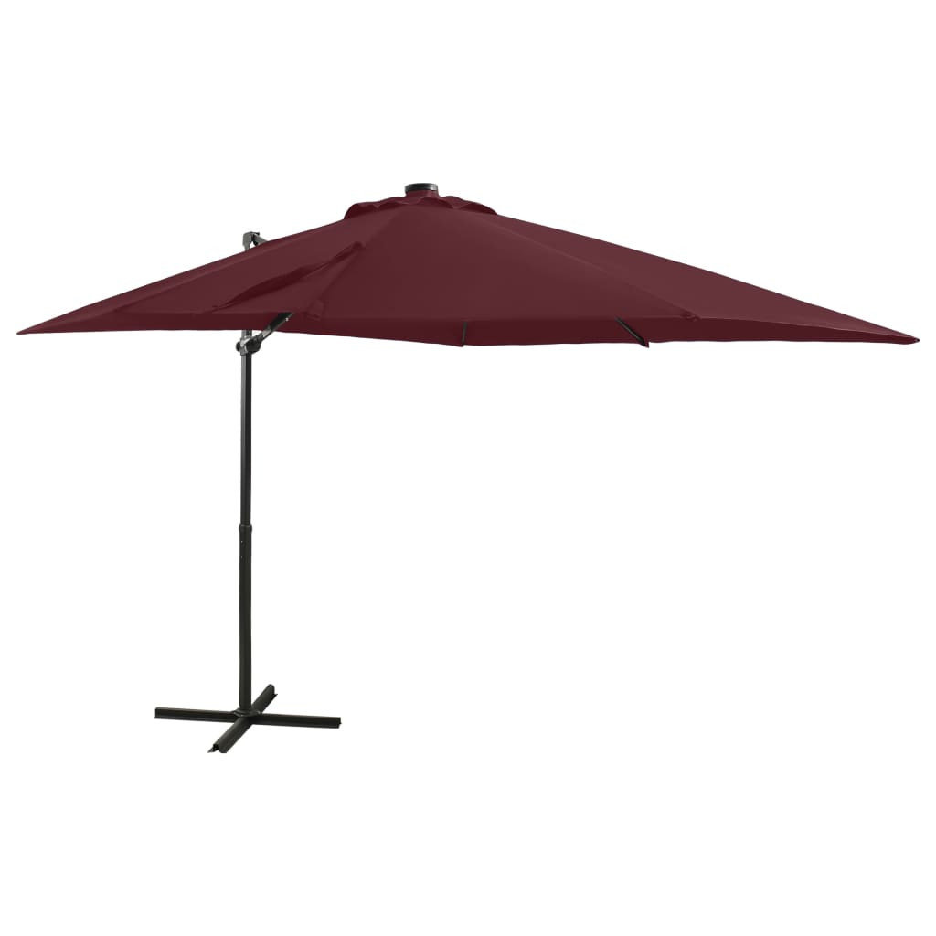 Parasol wiszący z LED i słupkiem, bordowy, 250 cm