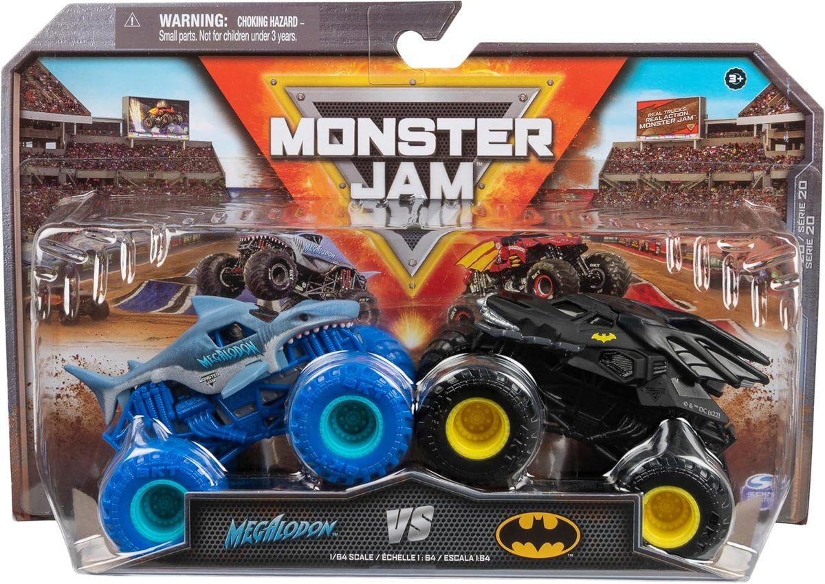 Monster Jam Trucks pojazdy Megalodon i Batmobil oryginalne autka dla chłopca 3+