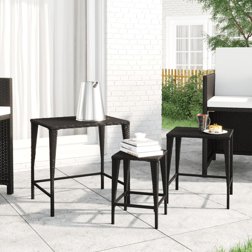 Stoliki ogrodowe wsuwane pod siebie, 3 szt., czarne, rattan PE