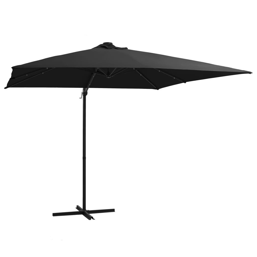 Parasol wiszący z LED i stalowym słupkiem, 250x250 cm, czarny