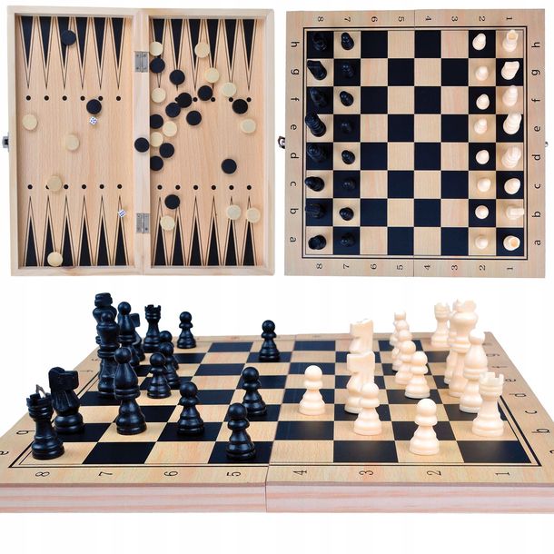 PrzydaSie Szachy Drewniane Warcaby 34X34 Tryktrak 3W1 Gra Klasyk