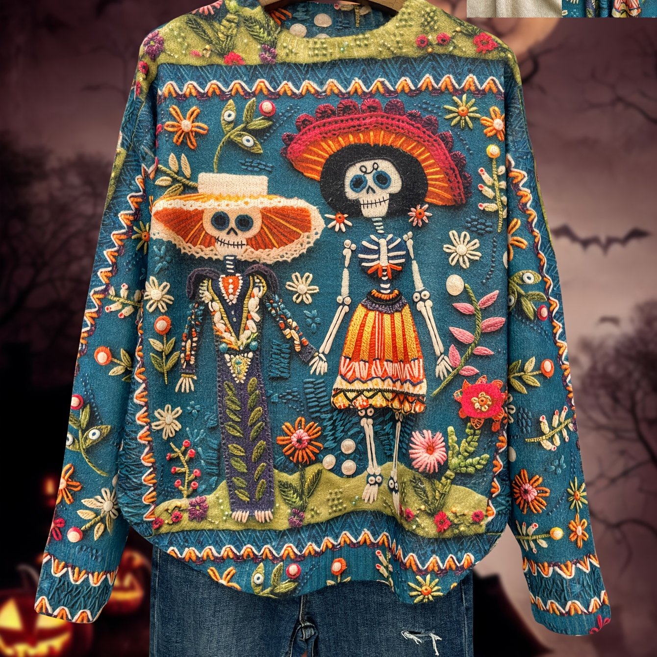 TEMU [Nadruk - Bez Tekstury] [Nadruk na Całości] [Gruby] [Okrągły Dołek] [Sweter] Sweter z Nadrukiem na Całości z Wzorem Niemartwej Pary, Gruby,