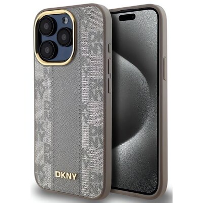 DKNY Leather Checkered Mono Pattern MagSafe do iPhone 15 Pro Beżowy