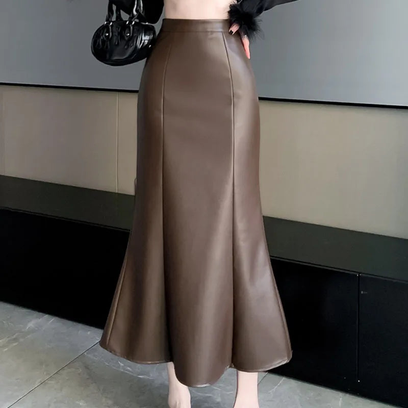 Elegancka spódnica midi skórzana - Brązowy