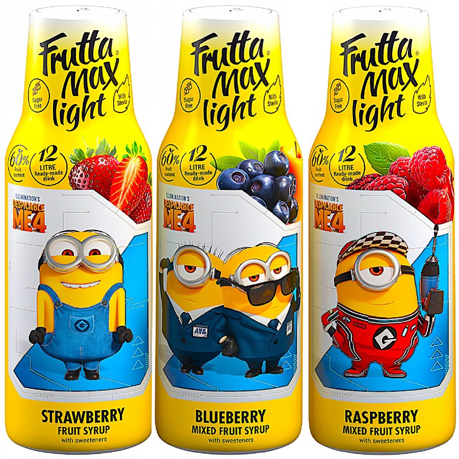 3x Syrop FruttaMax MINIONKI TRUSKAWKA LIGHT 500ml, BORÓWKA LIGHT 500ml, MALINA LIGHT 500 ml