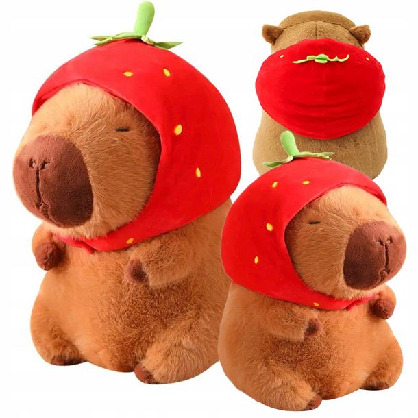 Kapibara Maskotka Pluszak Zabawka 25 Cm Z Czapką Truskawka Pluszowa 2w1