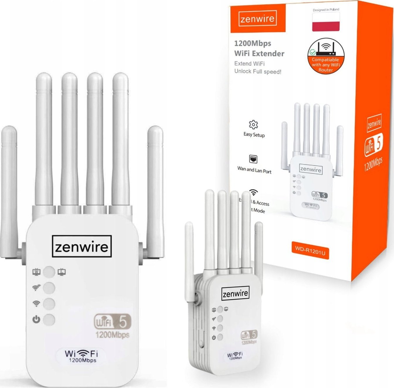 Access Point Zenwire Wzmacniacz Sygnału Repeater WiFi 5 Zewnętrzny Repeater Access Point Zenwire WD-R1201U 1200 Mb/s