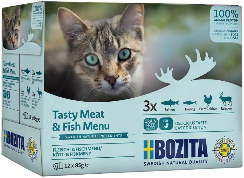 Opakowanie karmy mokrej dla kotów Bozita Bites in Sauce Multibox Mix 12 szt x 85 g
