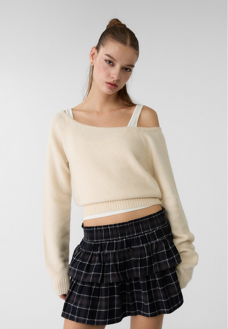 Stradivarius Asymetryczny dzianinowy sweter Beżowy XL