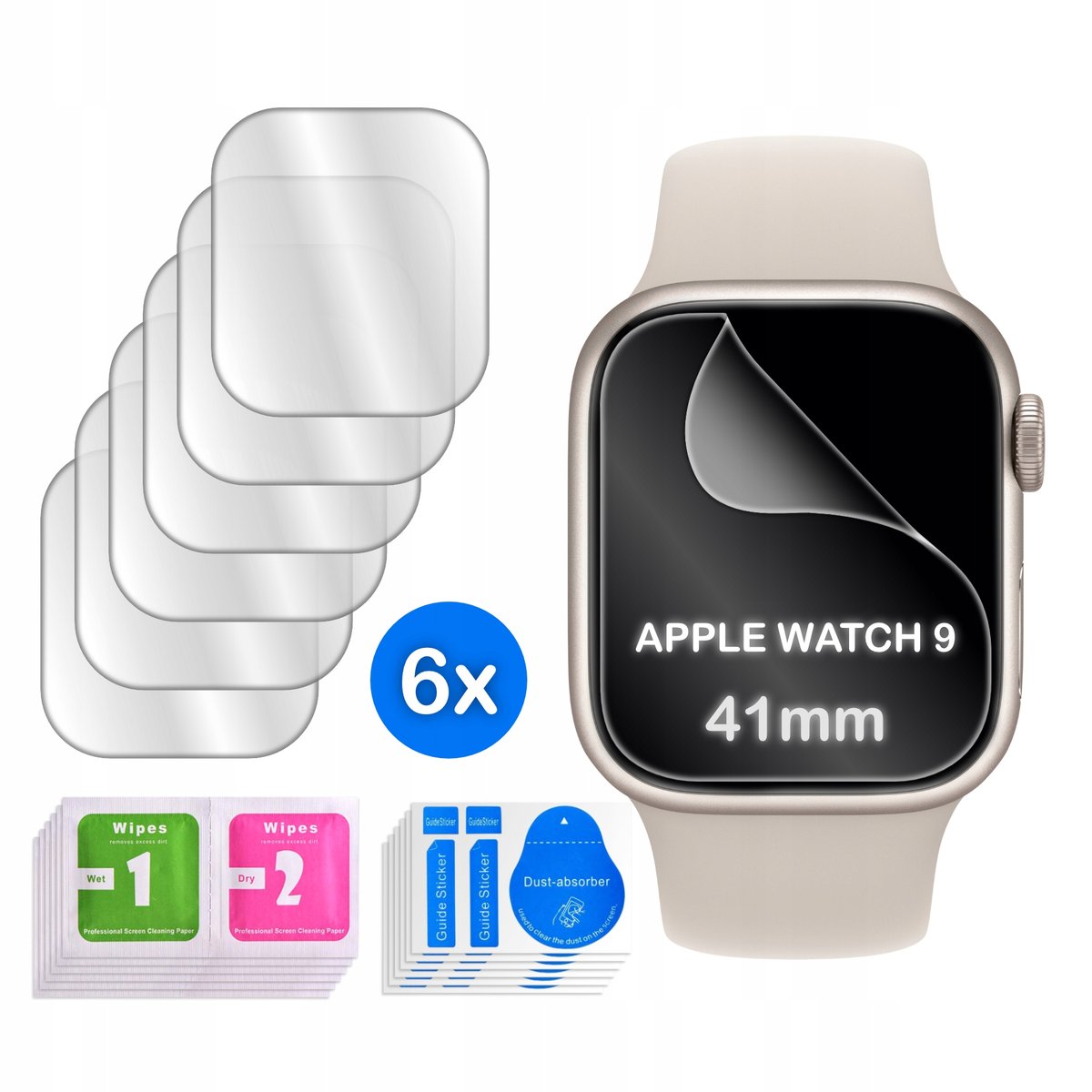 FOLIA do Apple Watch 9 41mm HYDROŻELOWA OCHRONNA na ekran 3D 6 sztuk