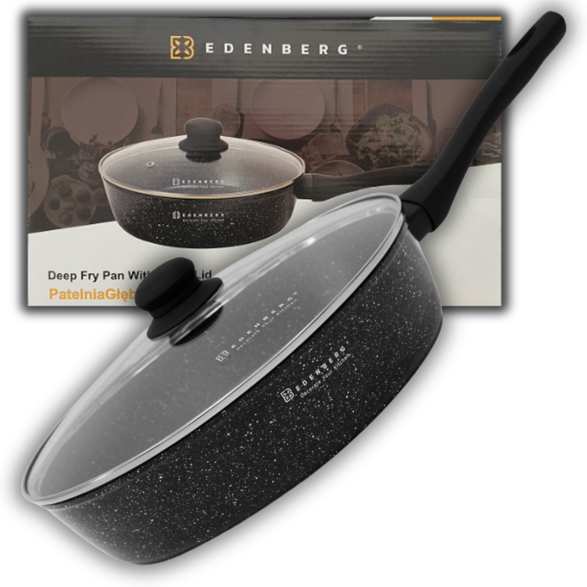 Patelnia Marmurkowa Edenberg 26cm z Pokrywą, Non-Stick, PFOA Free, Indukcja, Czarna, 3,4L