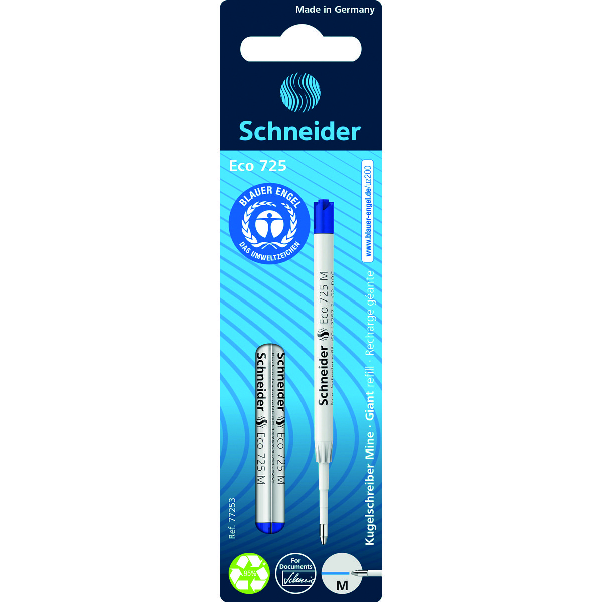 Wkład eco 725 do długopisu SCHNEIDER, M, 2 szt., blister, niebieski