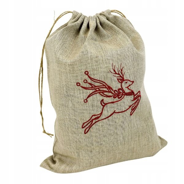 Worek Lniany Świąteczny na Prezenty z Haftem Renifera