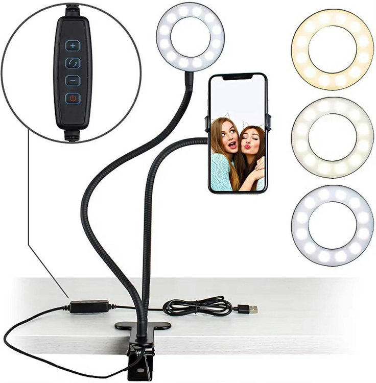 Lampa Do Selfie Pierścieniowa Led Fotografii Elastyczny Statyw Czarna Zd67F