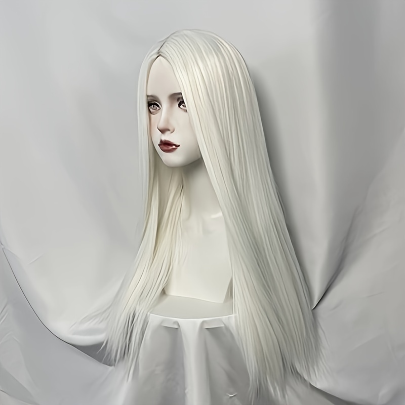 TEMU Peruka do cosplayu anime 60 cm, biała, odporna na ciepło, syntetyczne włosy, proste, długie, z siateczką na środku, do codziennego użytku, na
