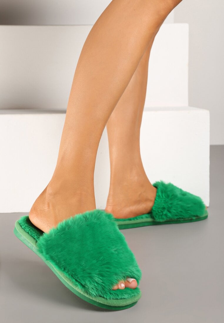 Zielone Kapcie z Miękkiego Futerka Seladwen
