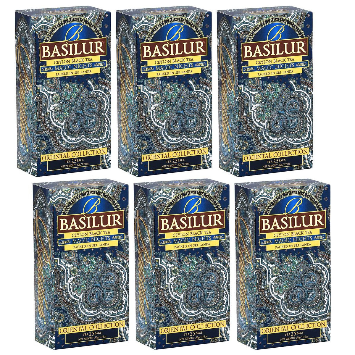 BASILUR Magic Nights Czarna herbata cejlońska z dodatkiem aromatu truskawki, moreli, ananasa i papai, w saszetkach 25 x 2 g x6