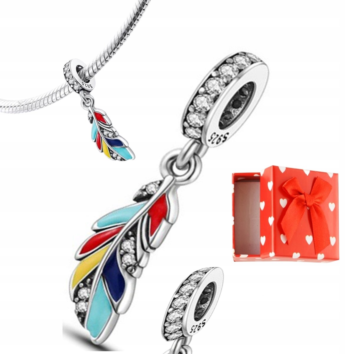 CHARMS srebrna zawieszka Kolorowe piórko s925 + pudełko na prezent