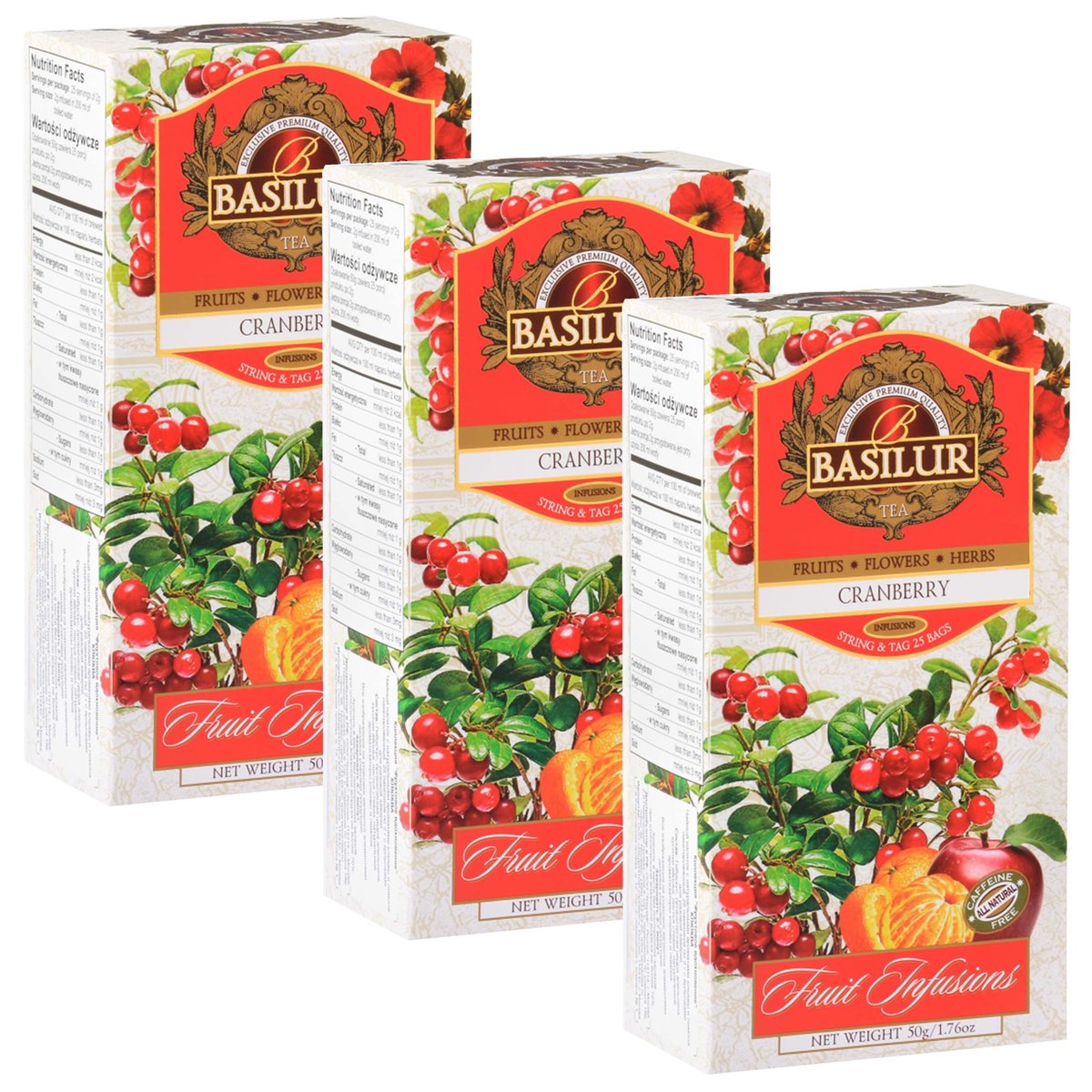 BASILUR Fruit Infusions Owocowa herbata bezkofeinowa z aromatem żurawiny i cytryny 25x2g x3