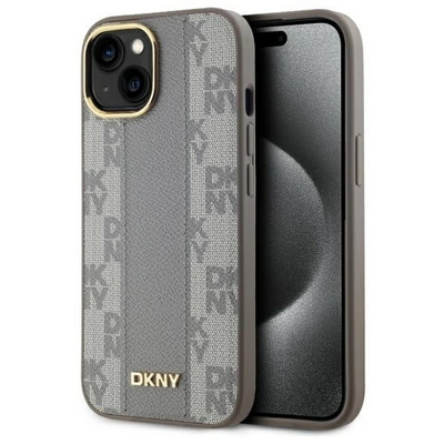 Etui DKNY Leather Checkered Mono Pattern MagSafe do Apple iPhone 15 Plus Beżowy