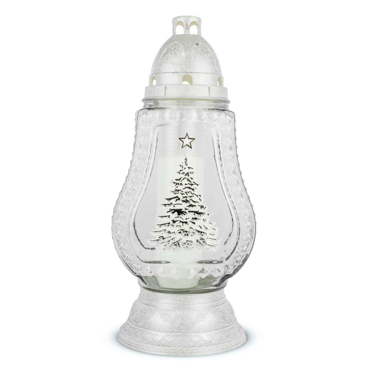 Duży Znicz Szklany Choinka 38 cm Srebrny DP675 Znicz z Aplikacją Choinką z Wkładem