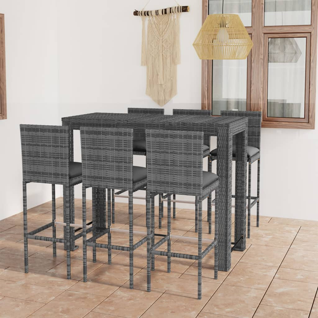 7-cz. zestaw mebli barowych, antracytowe poduszki, rattan PE