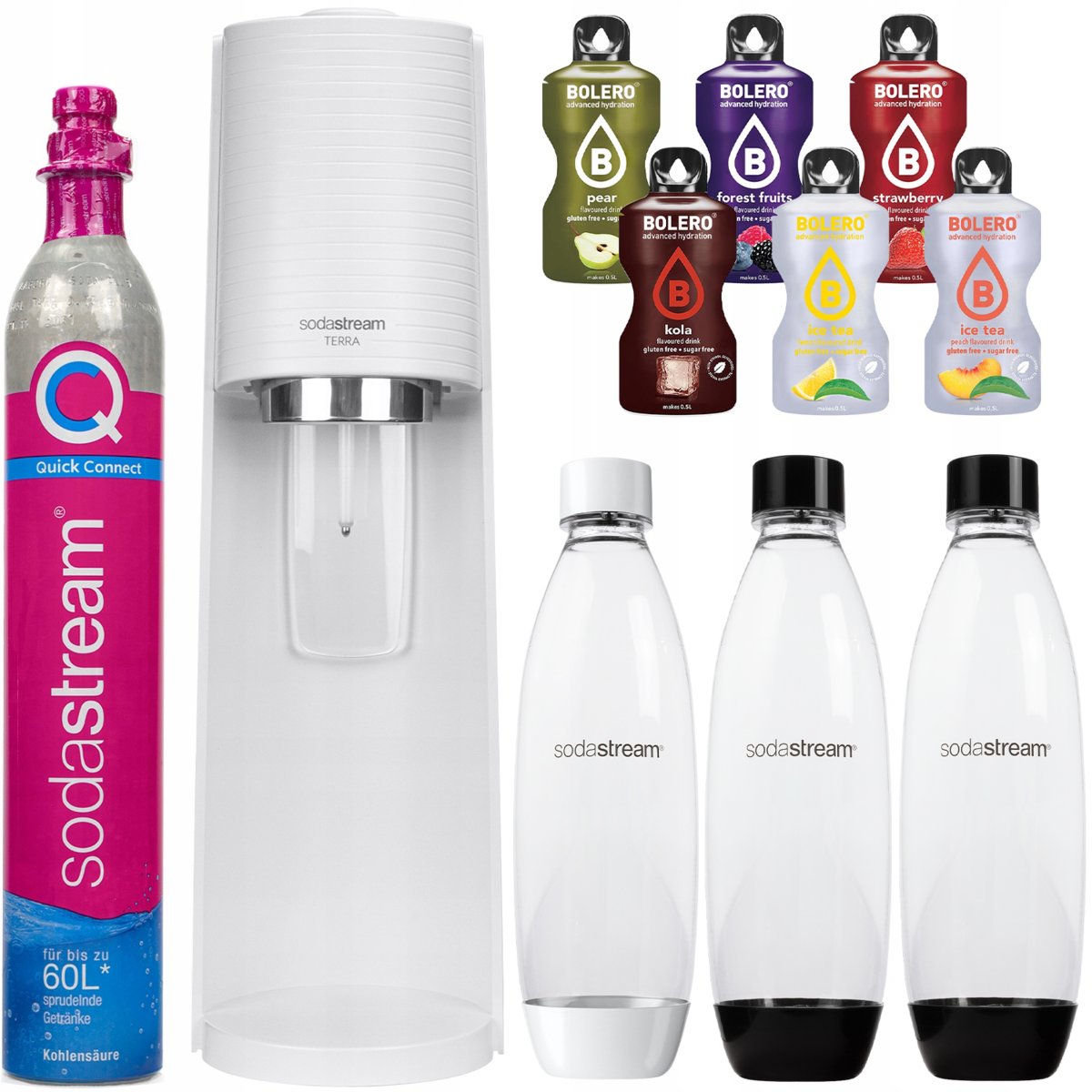 Saturator wody SODASTREAM Terra - biały gazowanie napojów bez cukru butelki Quick Connect zestaw z syropami