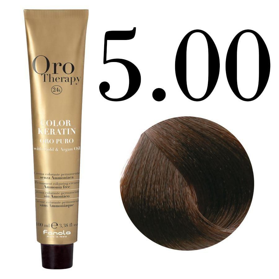 Fanola Tinte Oro Therapy 24 K Keratin Color 5.00 castao claro Natural Intenso 100 ML Crema colorante stałe para el cabello Sin amon iaco | enriq uecido con Keratina, aceite de argán, Oro Puro MICROA HC-18-10