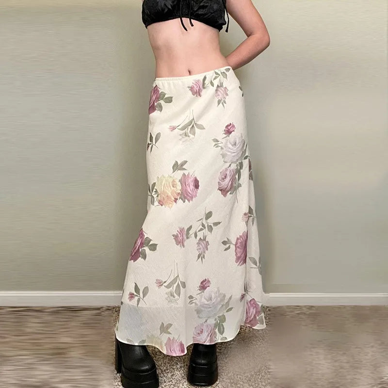 Spódnica maxi w kwiaty - Kremowy