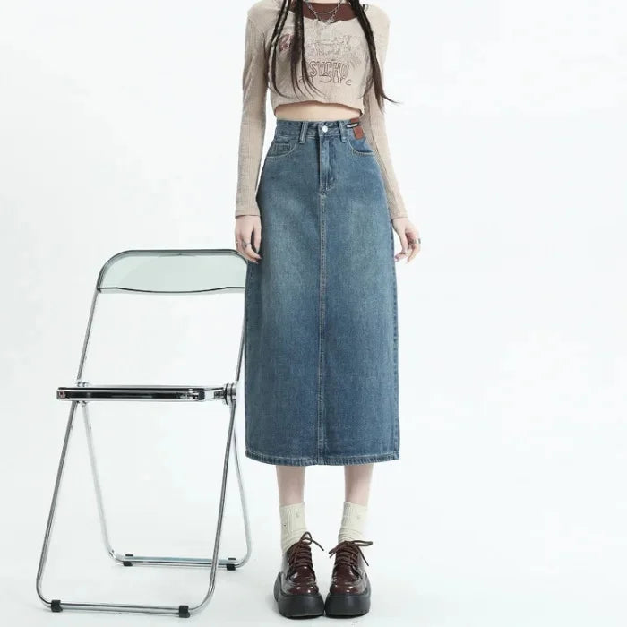 Klasyczna spódnica midi jeans - Niebieski