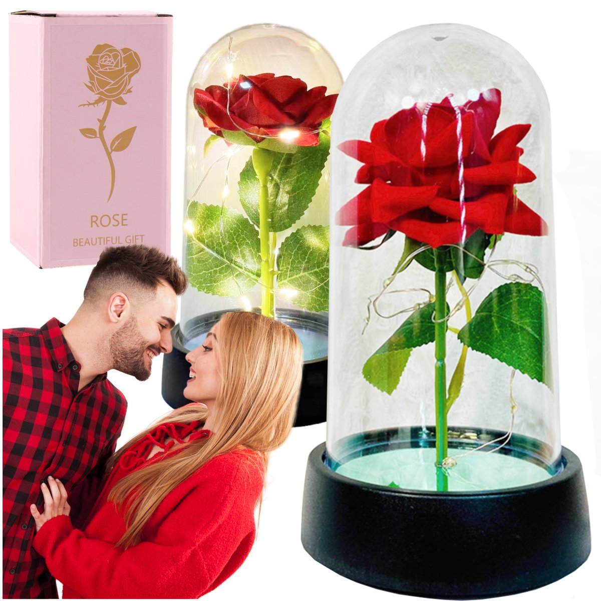 Wieczna Róża Kwiat Czerwona Dekoracyjna Na Prezent W Kopule Z Lampkami Led