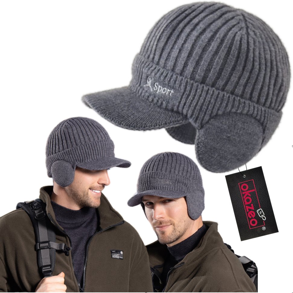 Czapka Zimowa Męska Z Daszkiem I Osłoną Na Uszy Uniwersalna Młodzieżowa