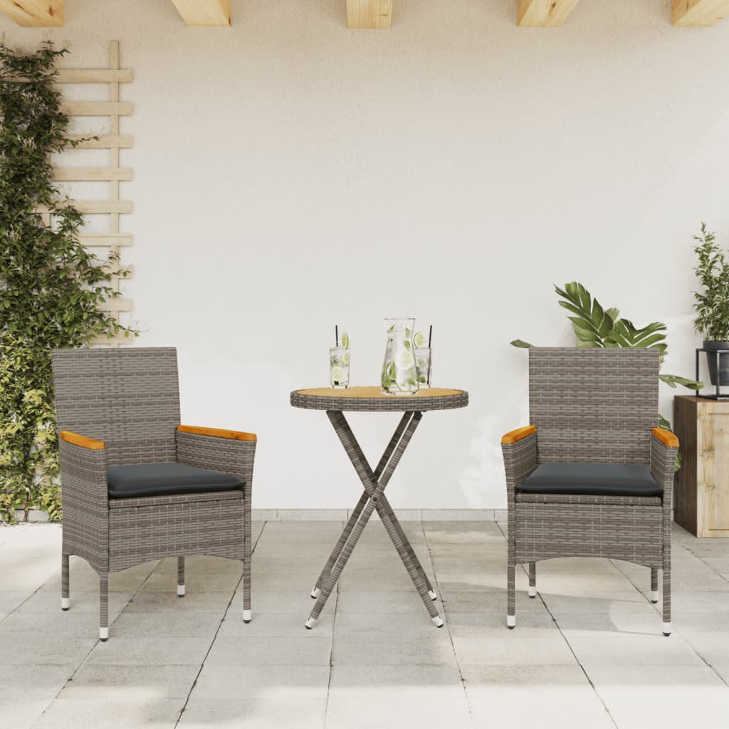 3-cz. zestaw bistro z poduszkami, szary, polirattan i akacja