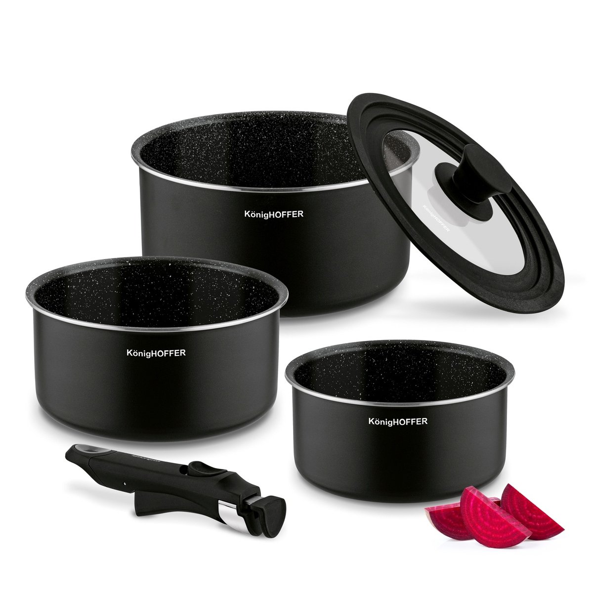 Zestaw garnków z ODPINANĄ RĄCZKĄ garnki NA GAZ 1,5/2,2/3 L Spinel Black Konighoffer