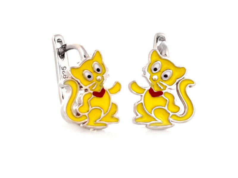 Srebrne kolczyki 925 żółte kotki dla dziewczynki na angielskie zapięcie