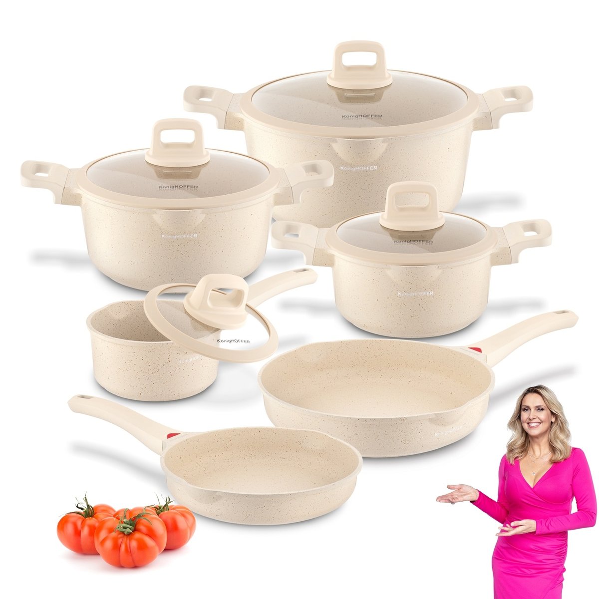 Komplet 3 GARNKI INDUKCJA 2 PATELNIE non stick RONDELEK 10el Creamy Marble Konighoffer