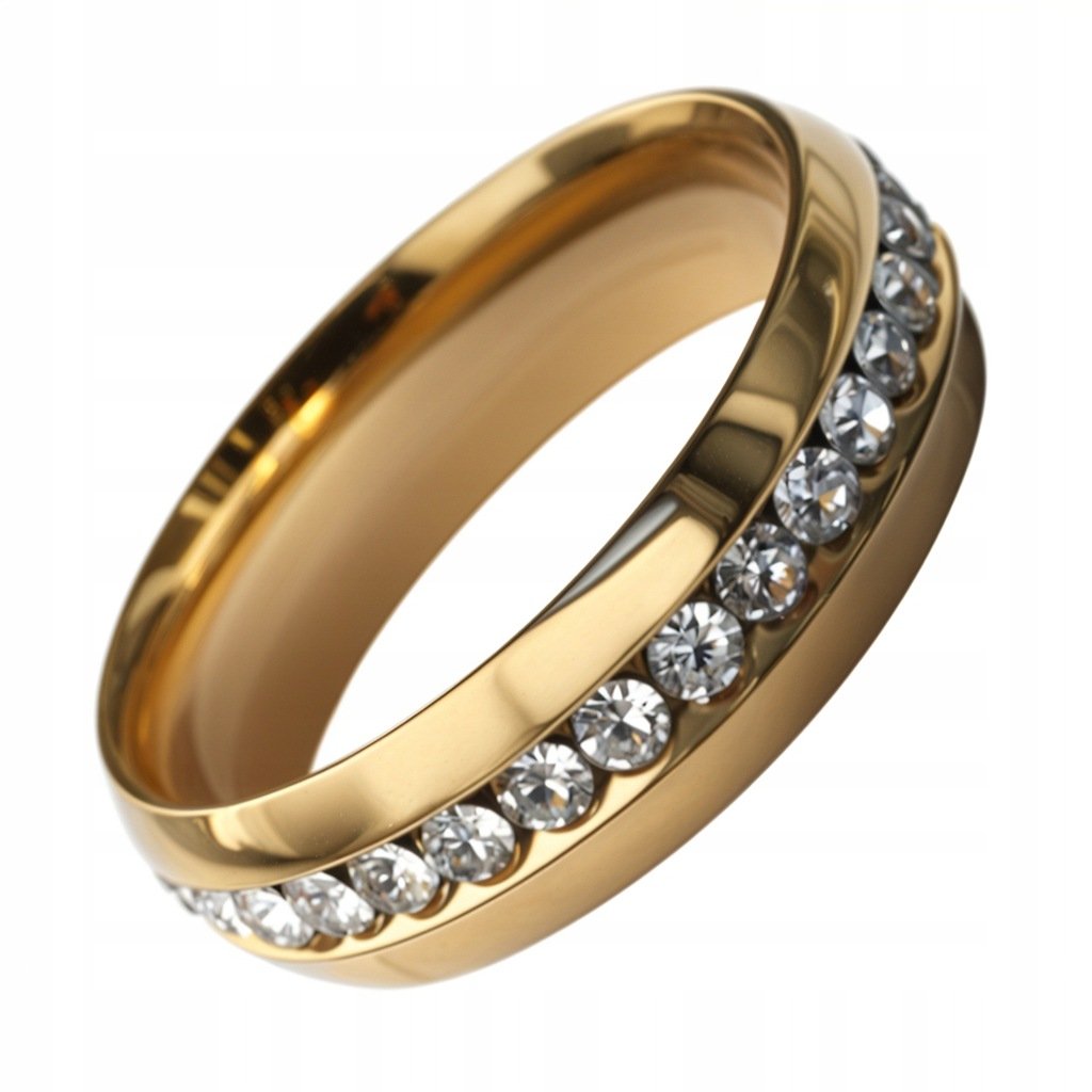 ZŁOTY ELEGANCKI PIERŚCIONEK OBRĄCZKA z cyrkoniami stal chirurgiczna lekki