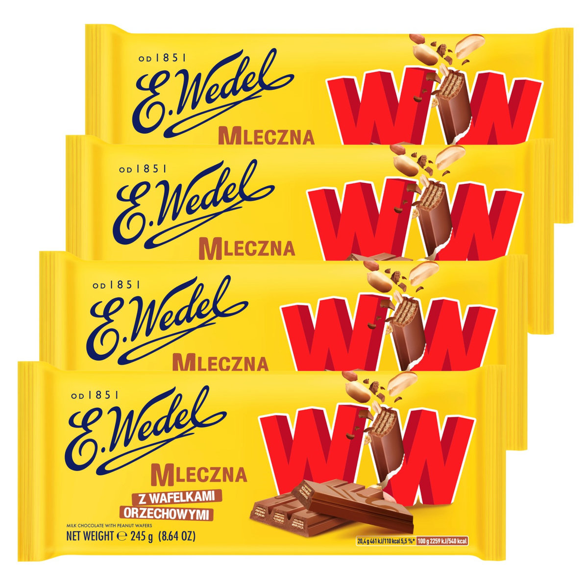 4 x Czekolada Mleczna z wafelkami WW 245 g E.Wedel
