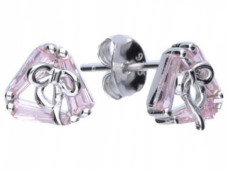 Srebrne kolczyki 925 trójkąciki z różowymi cyrkoniami i kokardką na sztyft