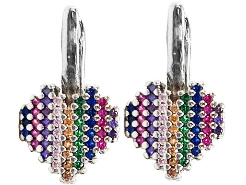 Srebrne kolczyki 925 serduszka kolorowe cyrkonie serca na angielskie zapięcie