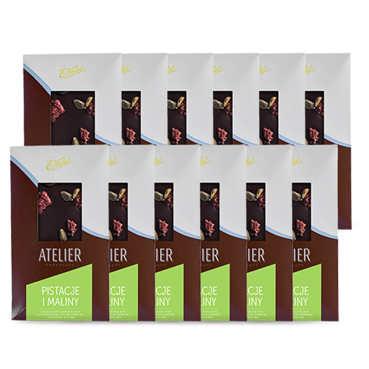 12 x Czekolada Atelier Gorzka z pistacjami i malinami 85 g E.Wedel