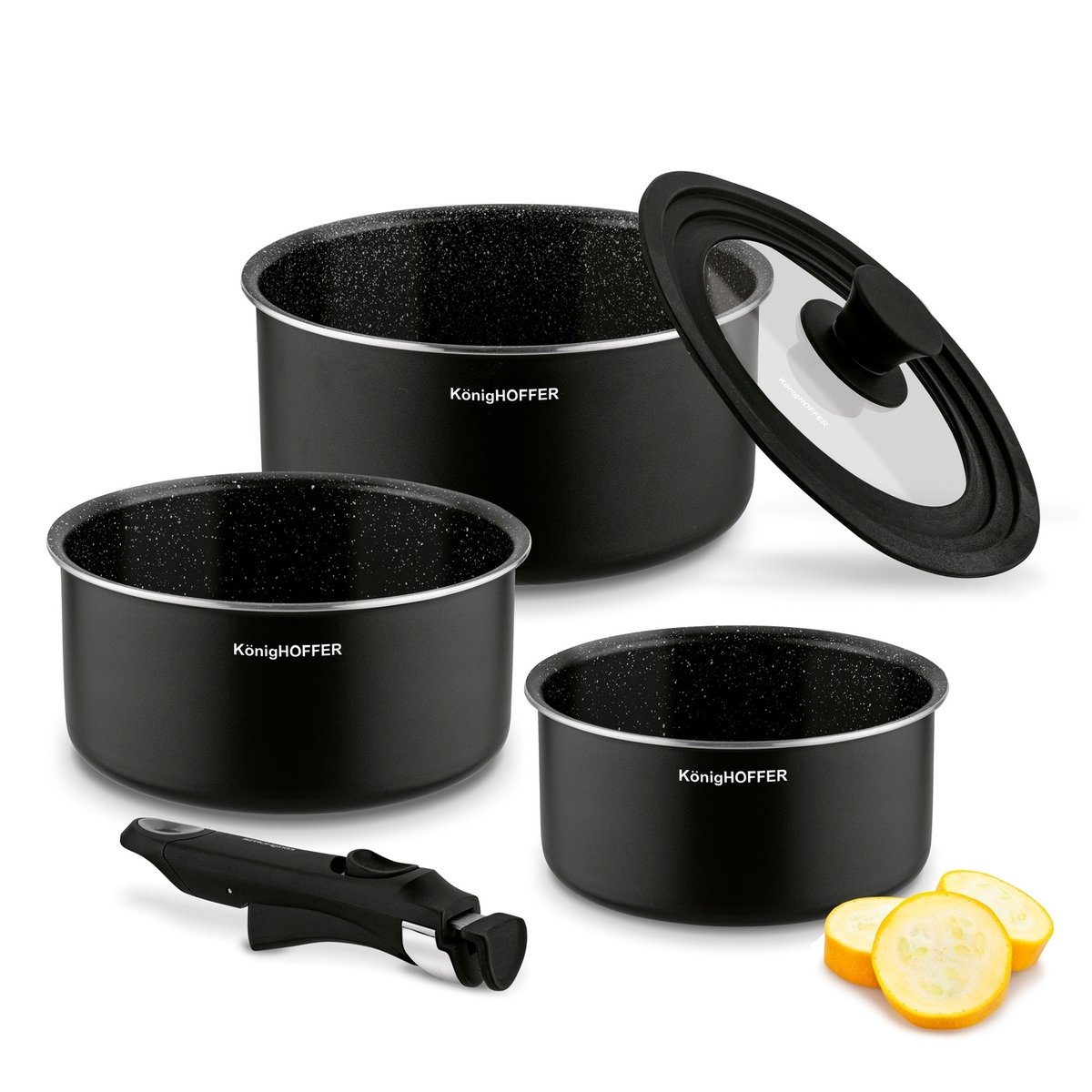 Zestaw garnków Z ODPINANĄ RĄCZKĄ marmurkowe garnki INDUKCJA x3 Spinel Black Konighoffer