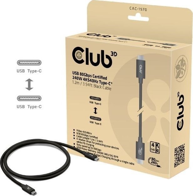 Club3D Kabel USB4 v2 Typ-C, 80Gbps, Certifikovaný kabel, 4K540Hz, 16K60Hz, PD 240W, 1m