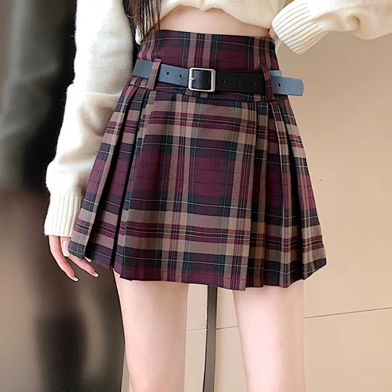 Krótka plisowana spódnica w kratę - Bordowy